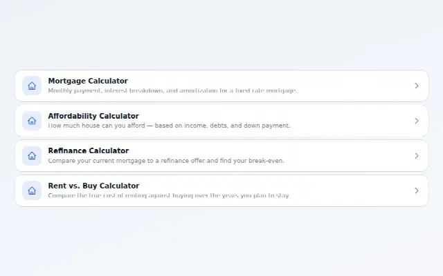 Buttons widget, Stacked list design: Full-width rows with icon, blurb and arrow.