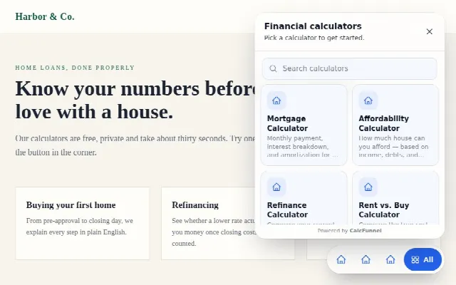 Floating launcher widget, Glass dock design: Frosted dock with shortcuts to your top calculators.